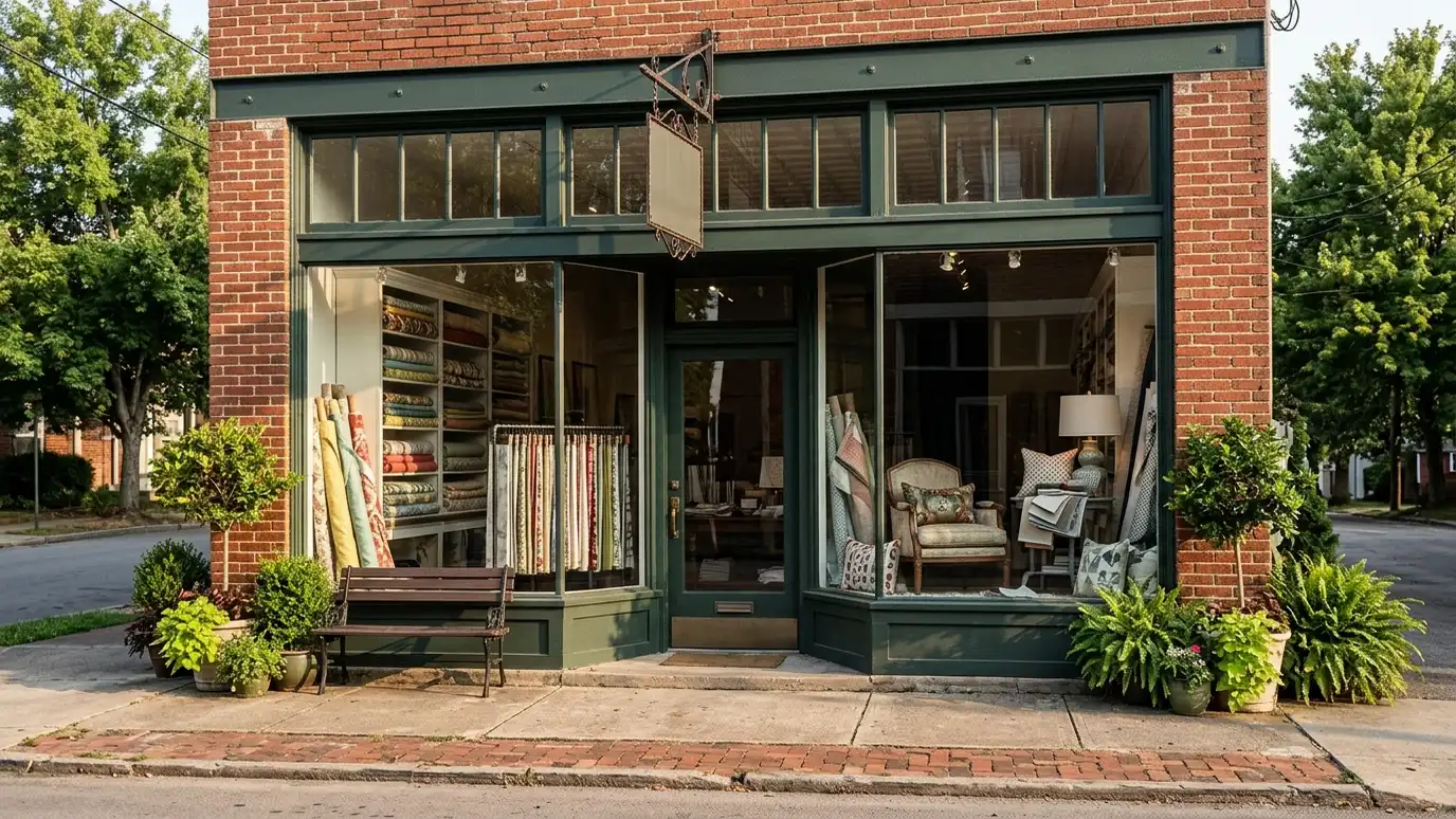 A charming design studio storefront exterior with large windows showing fabric rolls and a styled vignette in a Nashville neighborhood in morning light