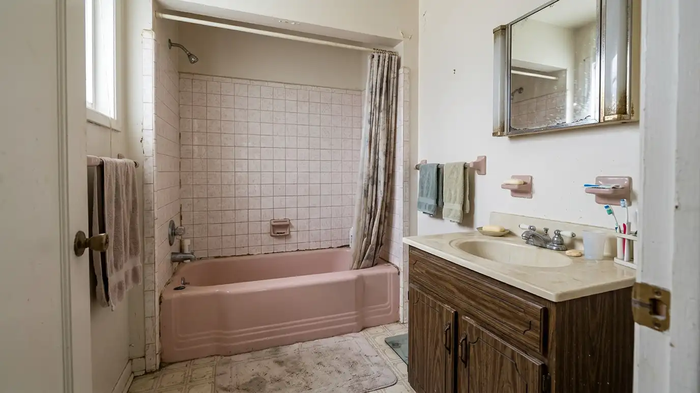 Before: a bathroom with a dated bathroom with a pink tub, a small mirror and worn tile