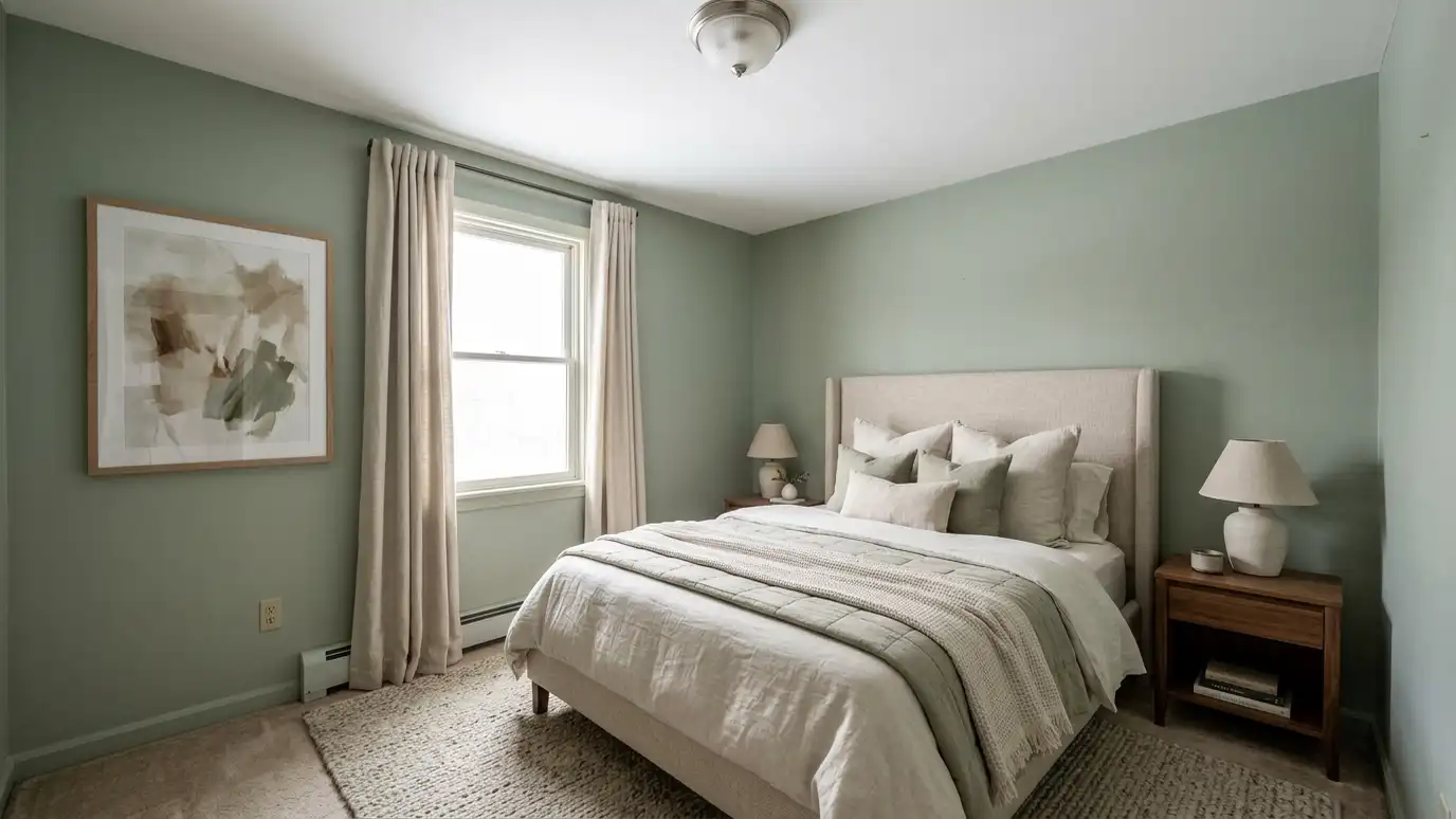 After: A plain bedroom turned into a calm, layered retreat | Music City Designer After: a bedroom with a calm bedroom with sage walls, an upholstered headboard, layered linens, lamps, lined drapery and a textured rug