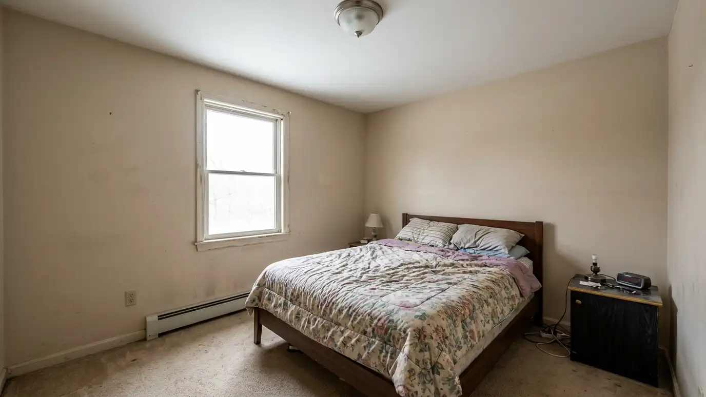 Before: a bedroom with a plain bedroom with bare beige walls, a basic bed and a bare window
