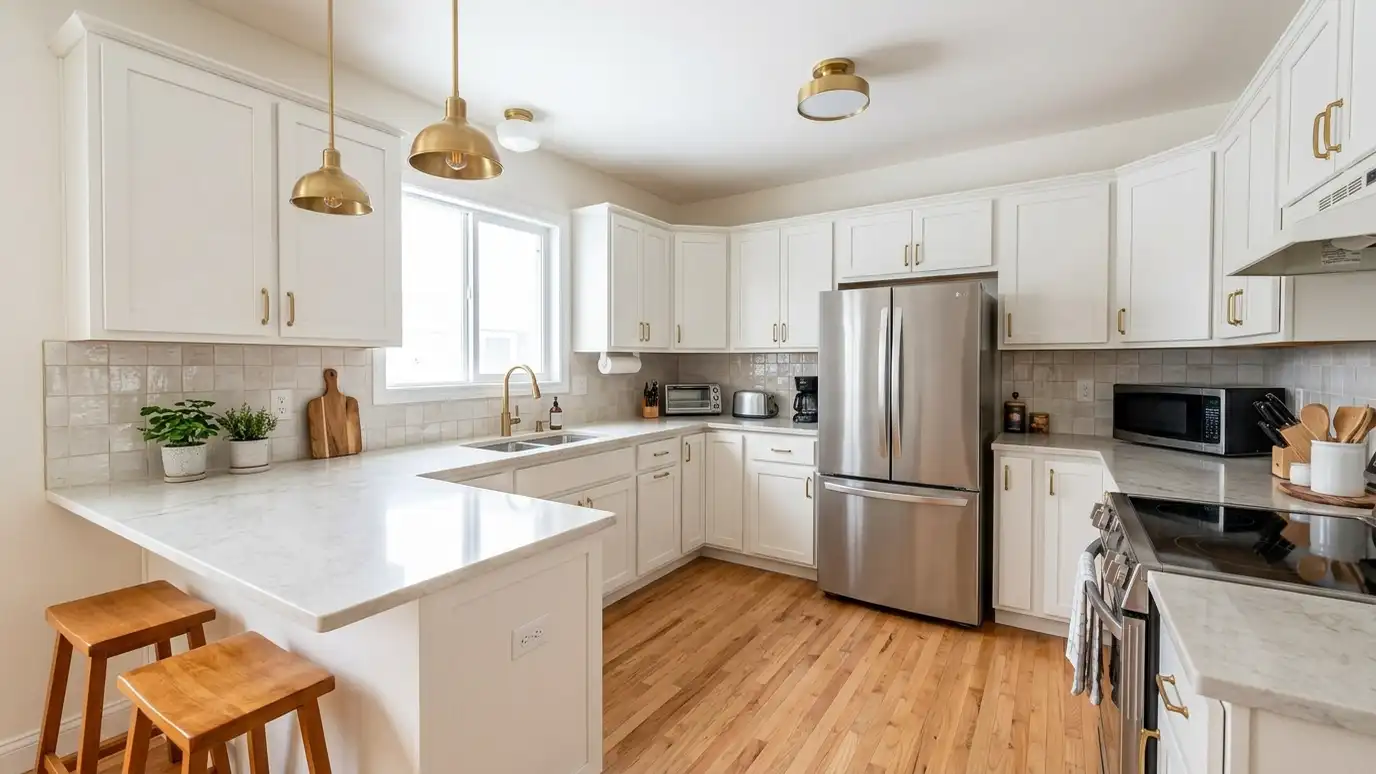After: A dated kitchen with orange cabinets refreshed with white shaker doors and brass lighting | Music City Designer After: a kitchen with a bright kitchen with white shaker cabinets, stone counters, handmade tile, brass pendants and refinished floors