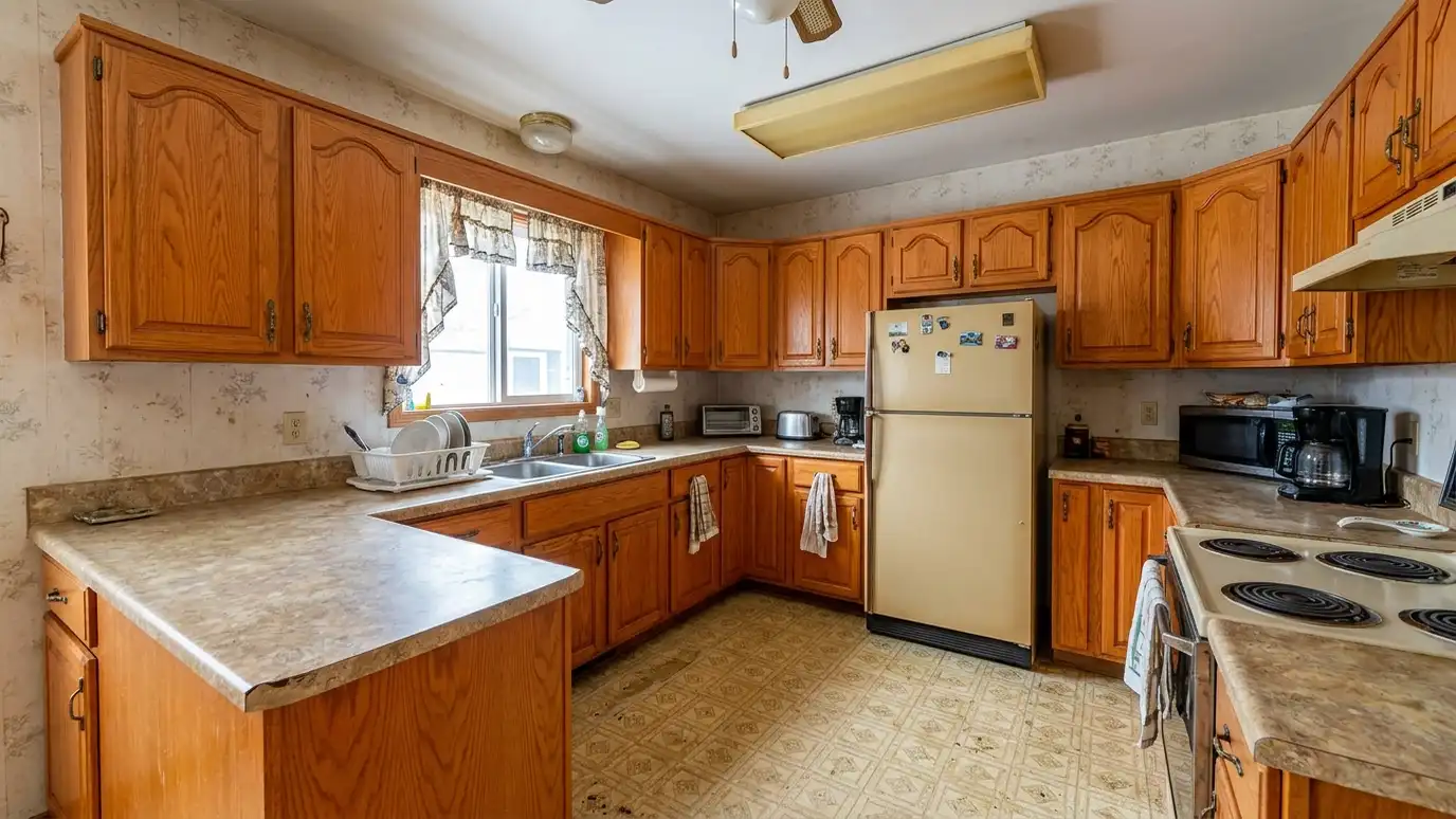Before: a kitchen with a dated kitchen with orange oak cabinets, laminate counters and a worn vinyl floor