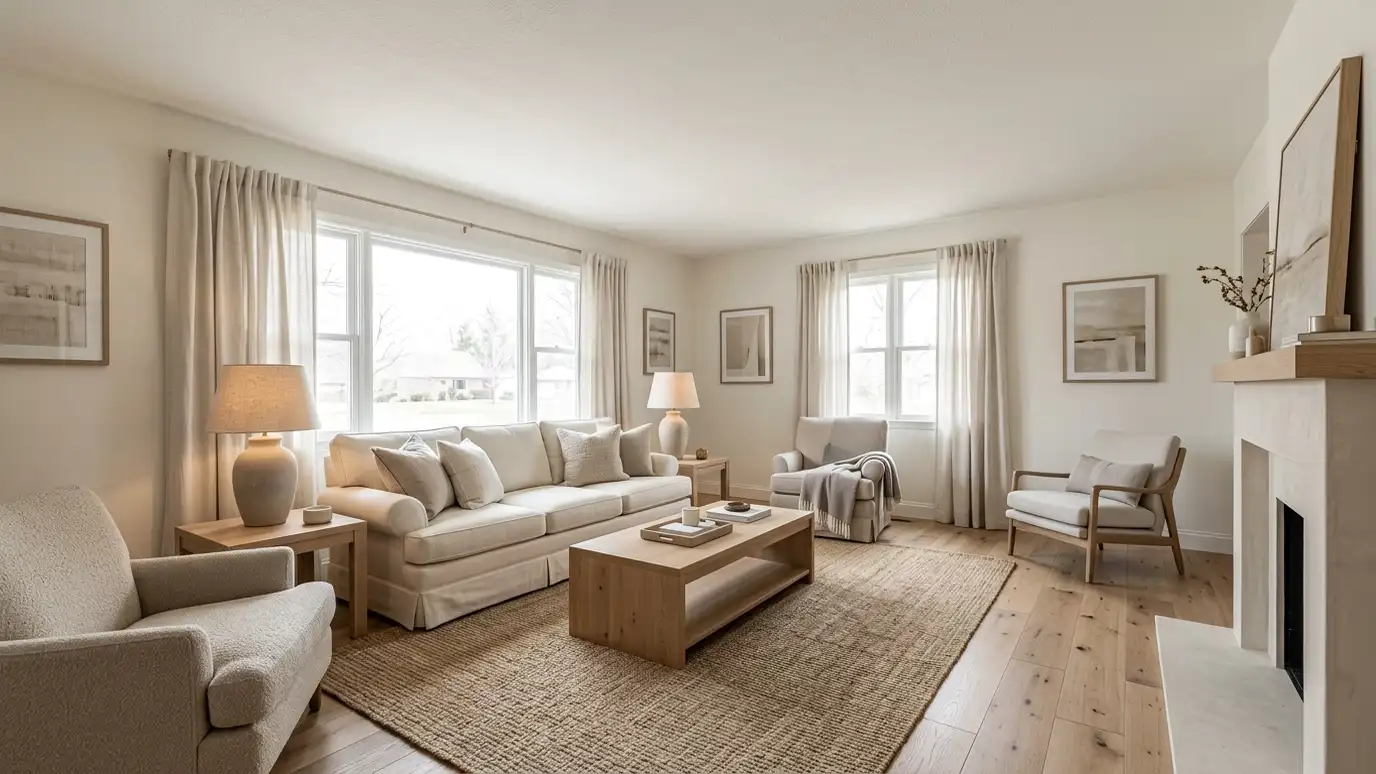 After: A dark, dated living room made bright, layered and welcoming | Music City Designer After: a living room with a bright designer living room with warm white walls, wood floors, a cream sofa, a jute rug and linen curtains