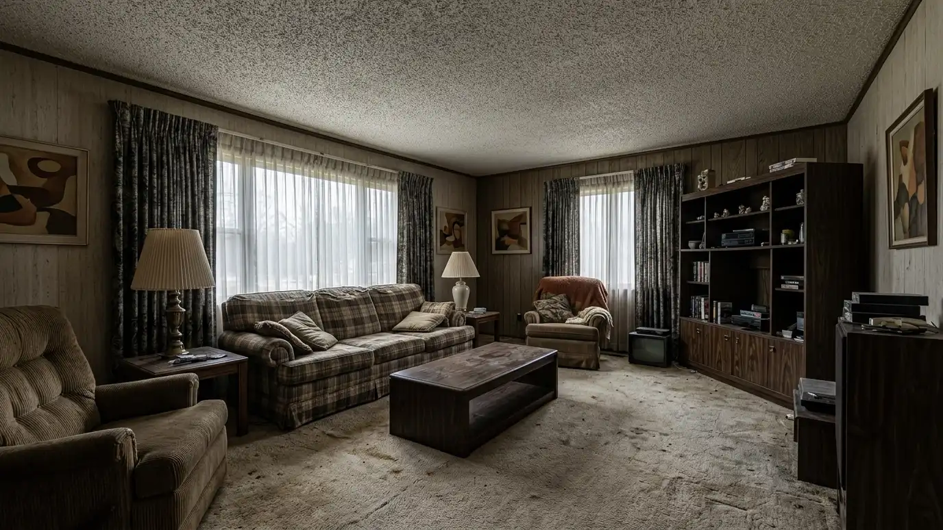 Before: a living room with a dark living room with a low popcorn ceiling, worn beige carpet and heavy curtains