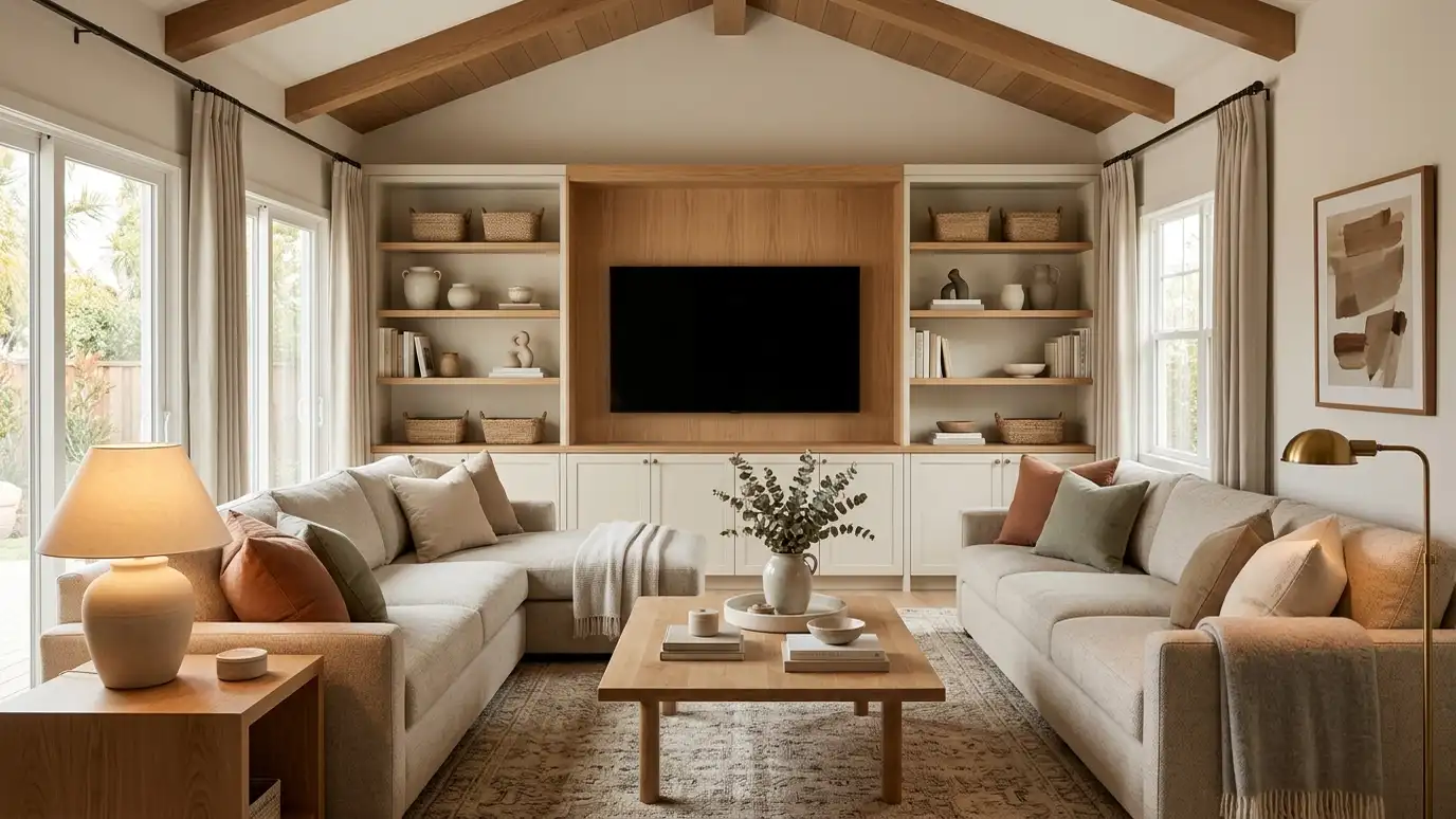 A beautifully designed living room in a Antioch, Tennessee home with a comfortable sofa, layered lighting and warm natural light