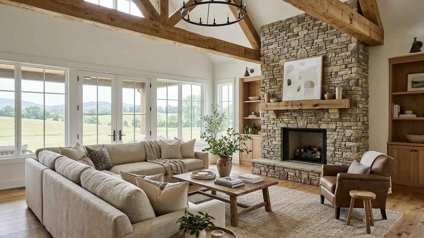 A beautifully designed living room in a Arrington, Tennessee home with a comfortable sofa, layered lighting and warm natural light