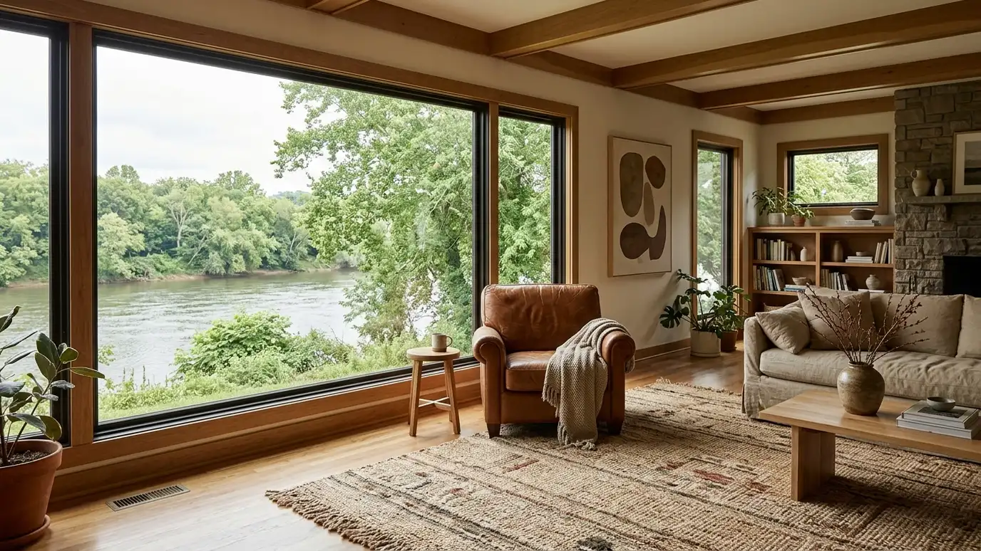 A beautifully designed living room in a Ashland City, Tennessee home with a comfortable sofa, layered lighting and warm natural light