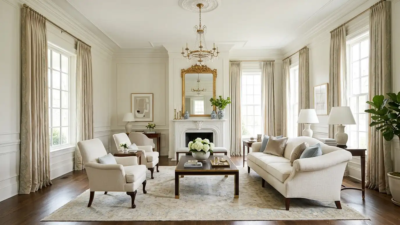 A beautifully designed living room in a Belle Meade, Tennessee home with a comfortable sofa, layered lighting and warm natural light