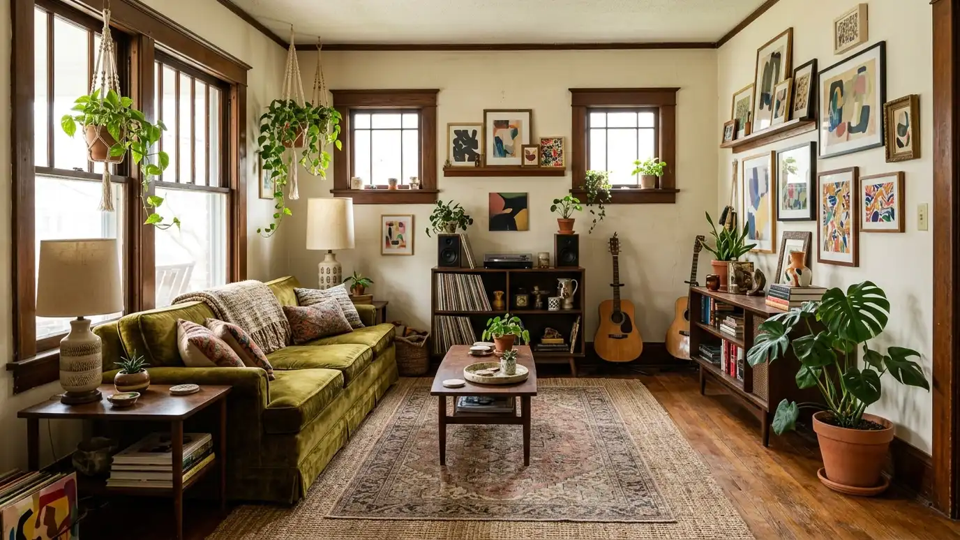 A beautifully designed living room in a Berry Hill, Tennessee home with a comfortable sofa, layered lighting and warm natural light