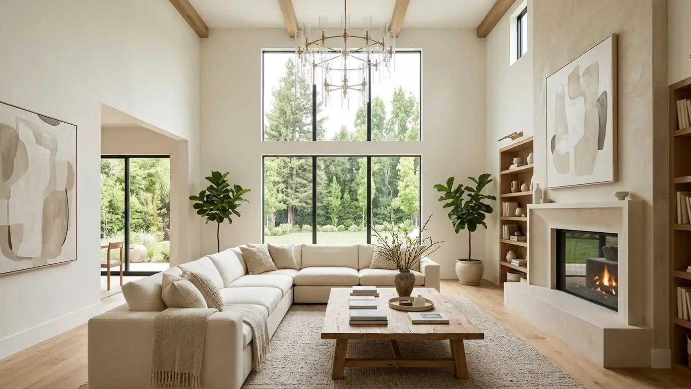 A beautifully designed living room in a Brentwood, Tennessee home with a comfortable sofa, layered lighting and warm natural light