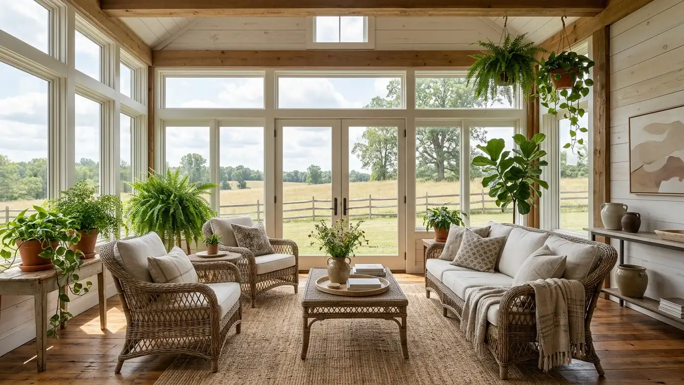 A beautifully designed living room in a College Grove, Tennessee home with a comfortable sofa, layered lighting and warm natural light