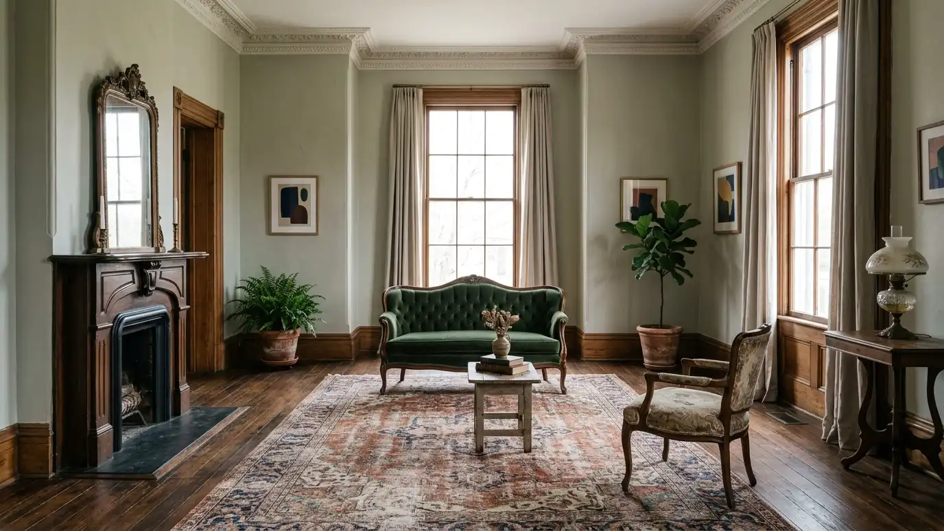 A beautifully designed living room in a Columbia, Tennessee home with a comfortable sofa, layered lighting and warm natural light
