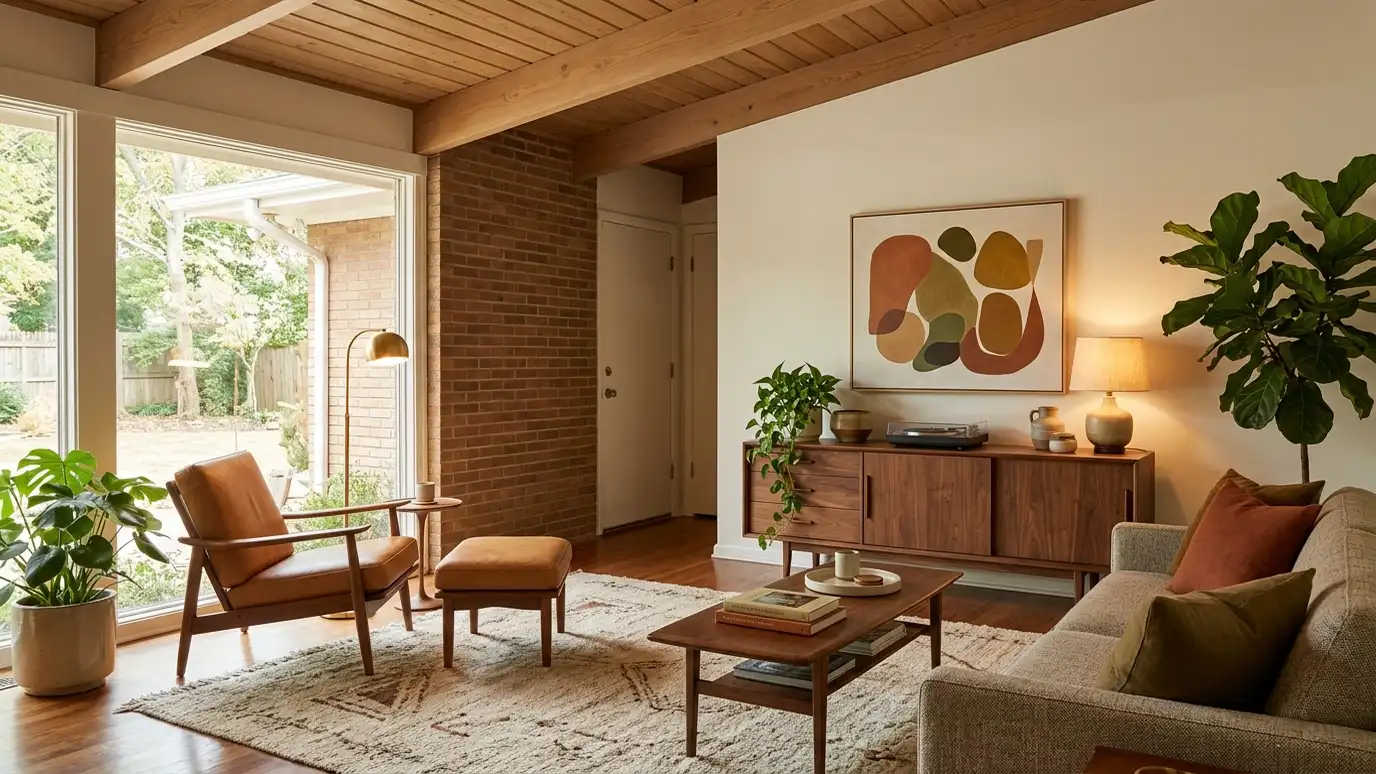 A beautifully designed living room in a Donelson, Tennessee home with a comfortable sofa, layered lighting and warm natural light