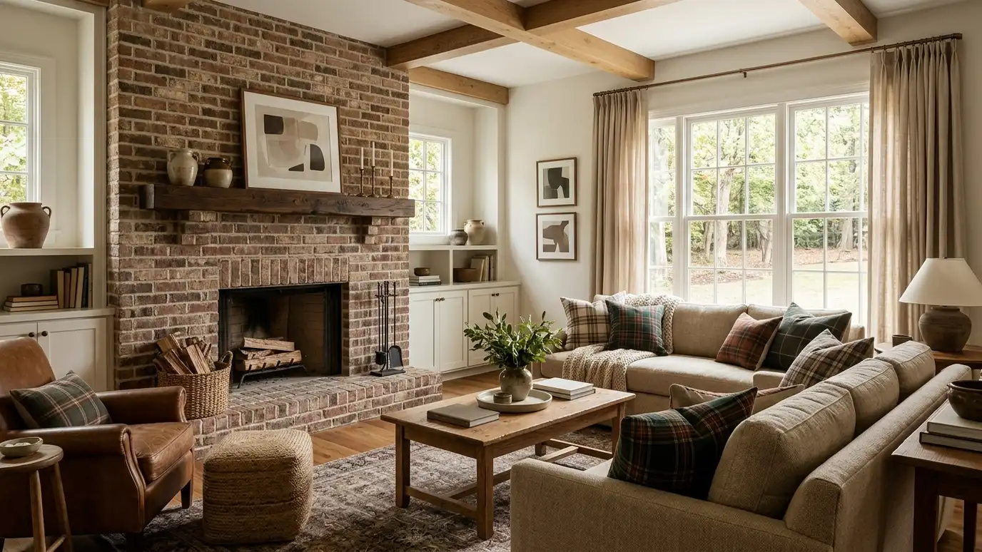 A beautifully designed living room in a Gallatin, Tennessee home with a comfortable sofa, layered lighting and warm natural light