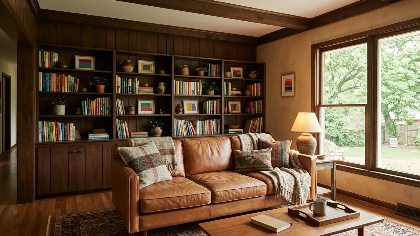 A beautifully designed living room in a Goodlettsville, Tennessee home with a comfortable sofa, layered lighting and warm natural light