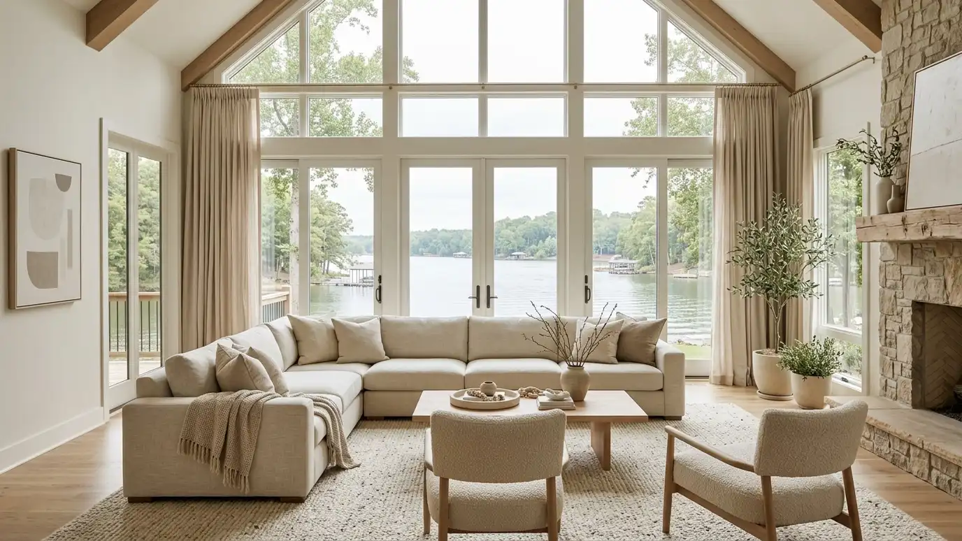 A beautifully designed living room in a Hendersonville, Tennessee home with a comfortable sofa, layered lighting and warm natural light