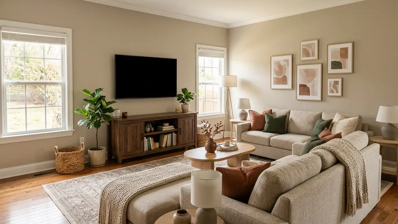 A beautifully designed living room in a La Vergne, Tennessee home with a comfortable sofa, layered lighting and warm natural light