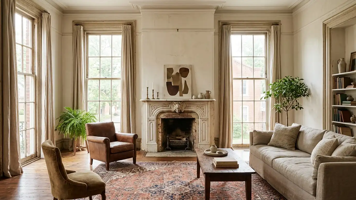 A beautifully designed living room in a Lebanon, Tennessee home with a comfortable sofa, layered lighting and warm natural light