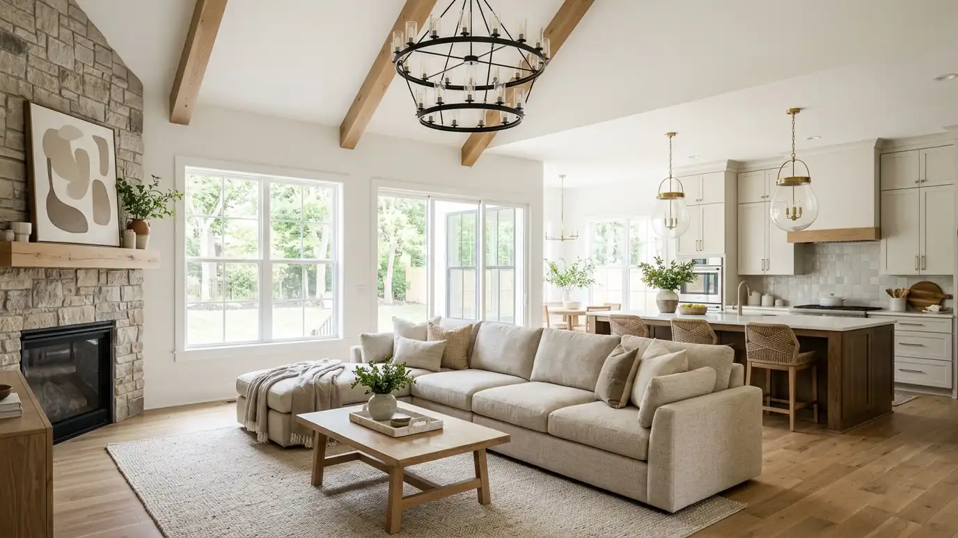 A beautifully designed living room in a Mt. Juliet, Tennessee home with a comfortable sofa, layered lighting and warm natural light