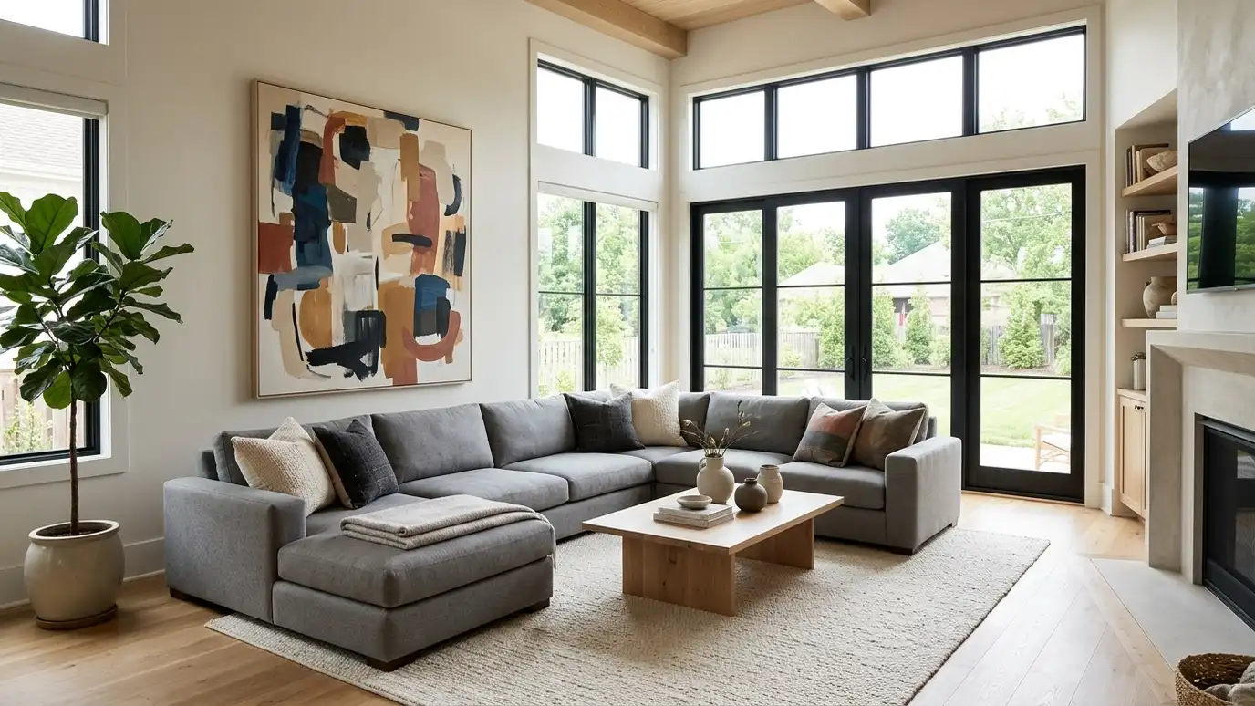 A beautifully designed living room in a Murfreesboro, Tennessee home with a comfortable sofa, layered lighting and warm natural light