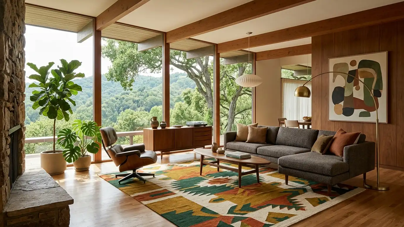 A beautifully designed living room in a Oak Hill, Tennessee home with a comfortable sofa, layered lighting and warm natural light
