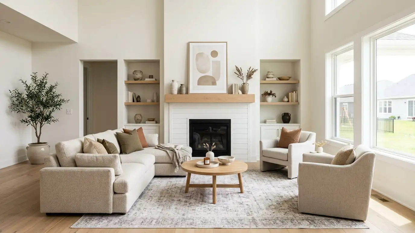 A beautifully designed living room in a Spring Hill, Tennessee home with a comfortable sofa, layered lighting and warm natural light