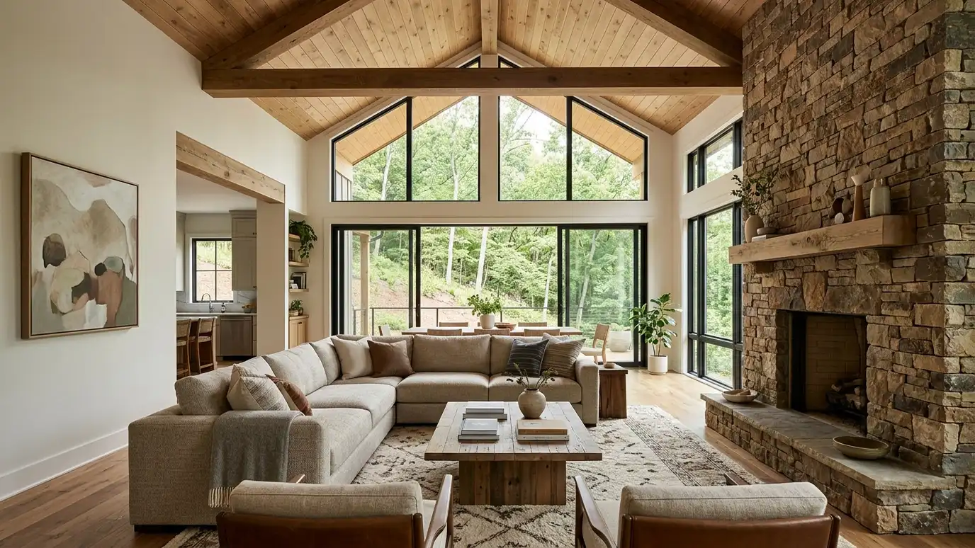 A beautifully designed living room in a Whites Creek, Tennessee home with a comfortable sofa, layered lighting and warm natural light