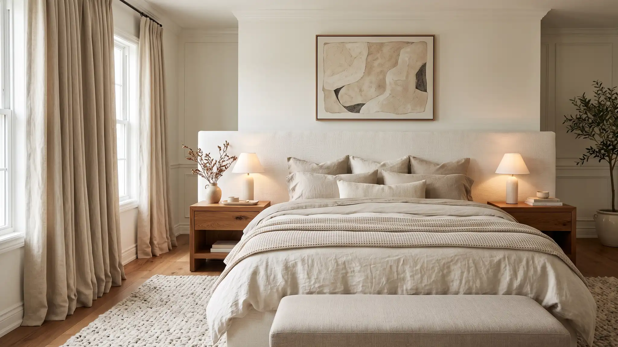Calm bedrooms and suites | Music City Designer A serene luxury primary bedroom with an upholstered headboard, linen bedding, lined drapery, warm wood nightstands and soft lamplight