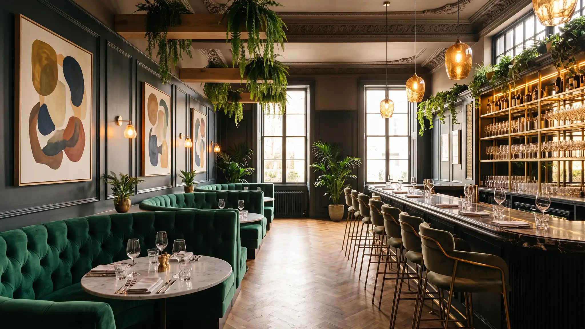 Commercial and hospitality | Music City Designer A stylish boutique restaurant interior with warm lighting, velvet booths, a long bar and plants