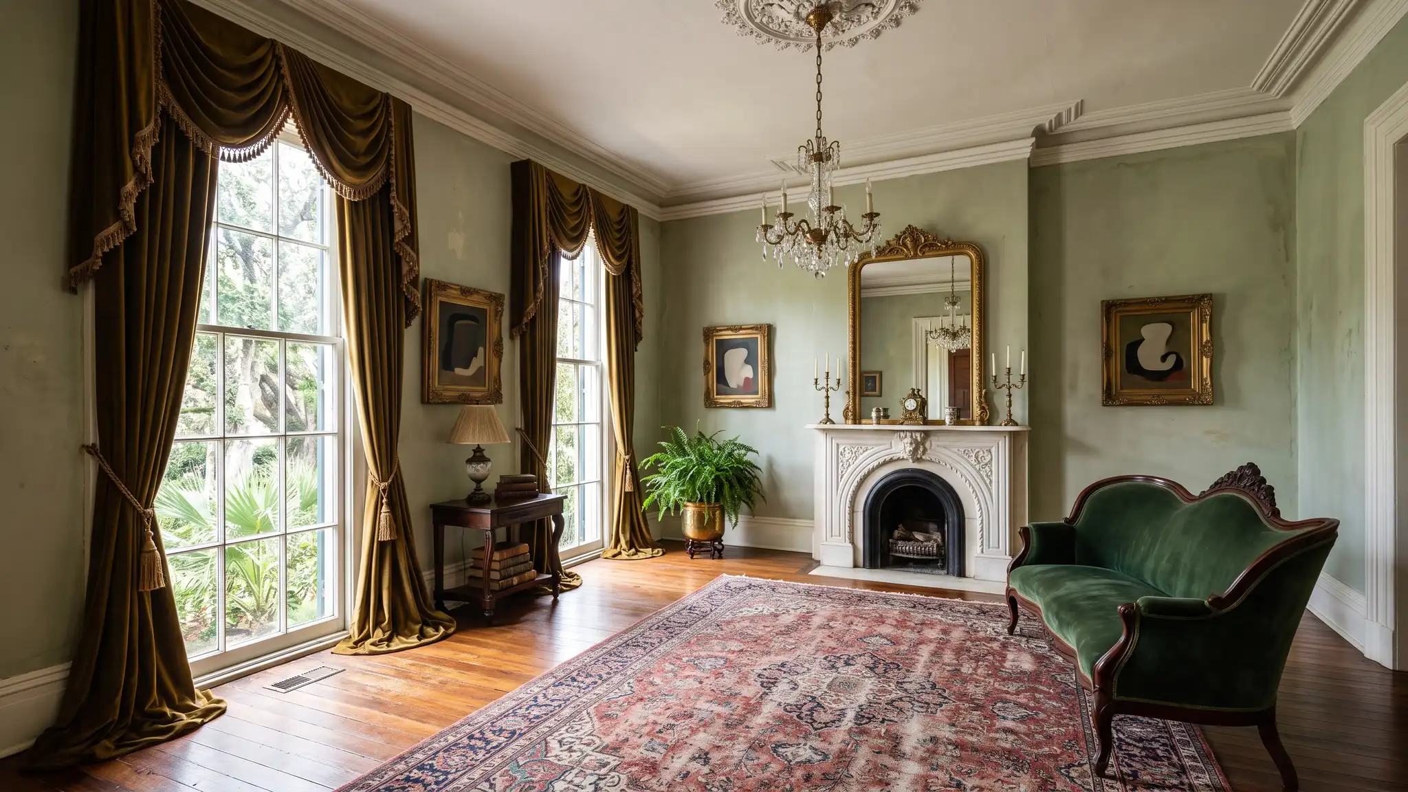 Southern and historic homes | Music City Designer An elegant Southern historic home parlor with tall windows, plaster crown molding, a velvet settee, rich drapery and a vintage rug