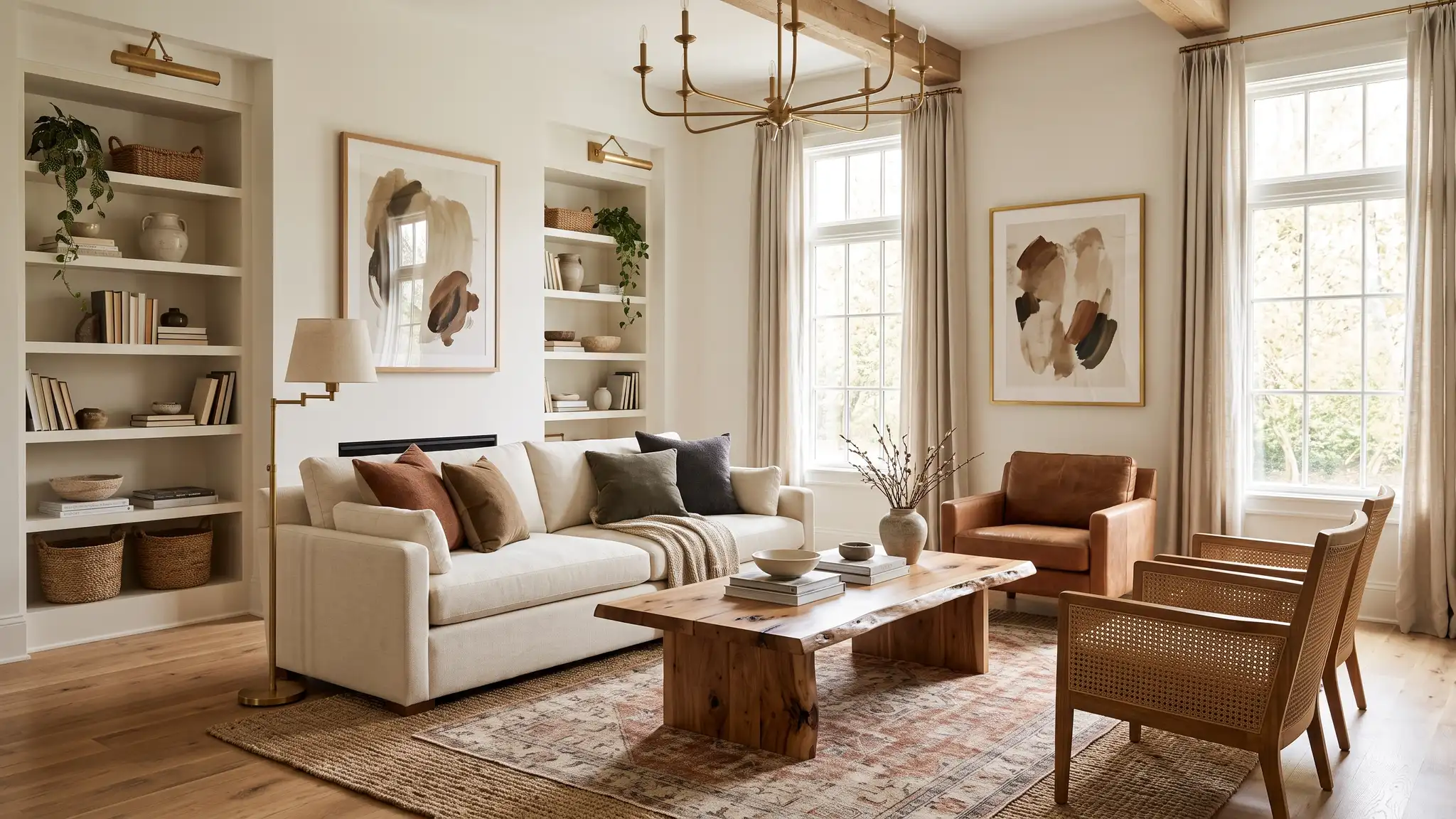 Music City Designer | Nashville, TN A stunning Nashville designer living room with a deep cream sofa, a live-edge wood coffee table, layered rugs, warm brass lighting, built-in shelves and tall windows