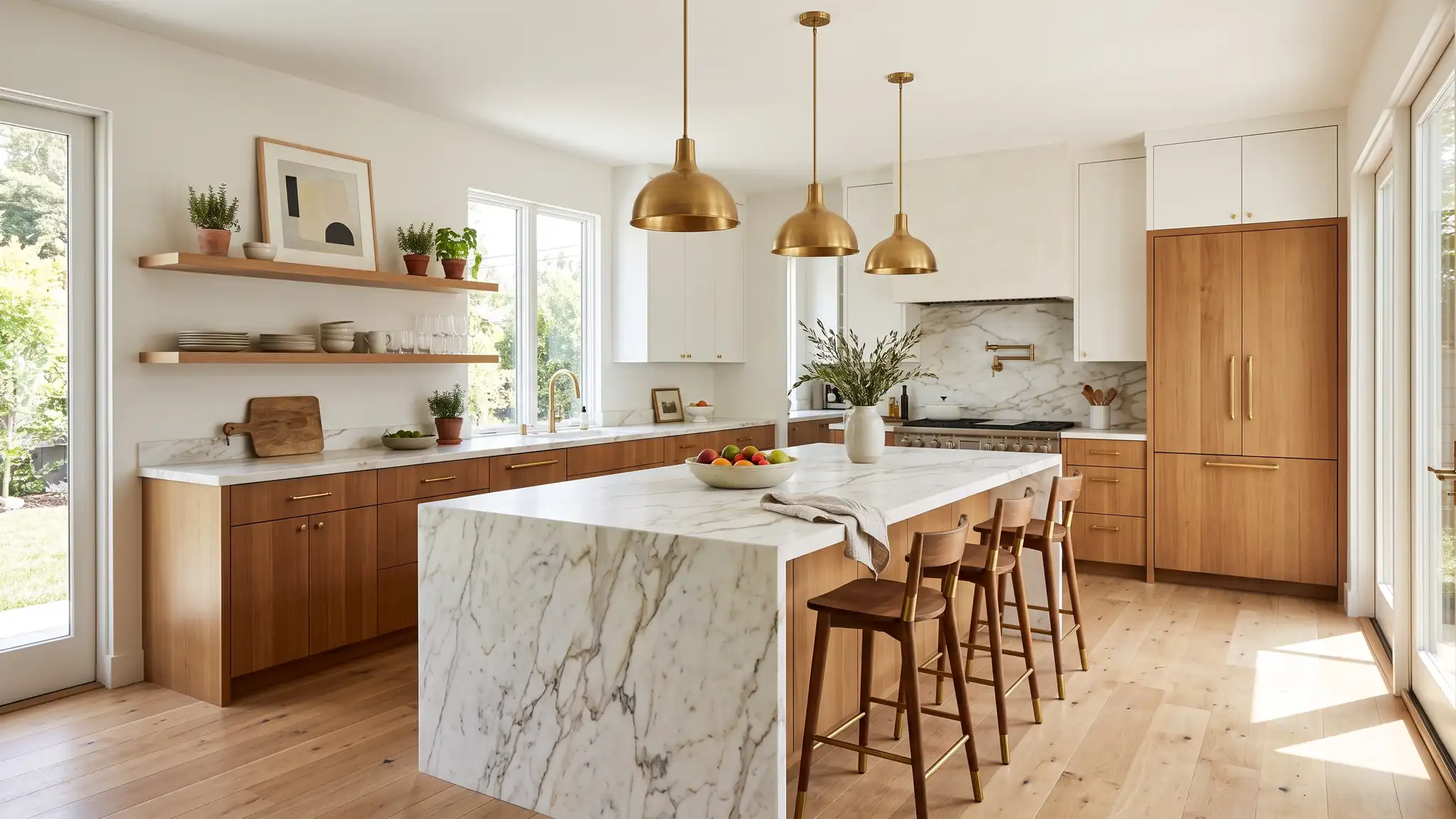 Kitchens that work | Music City Designer A bright designer kitchen with a large marble island, brass pendant lights, white and wood cabinetry and open shelving