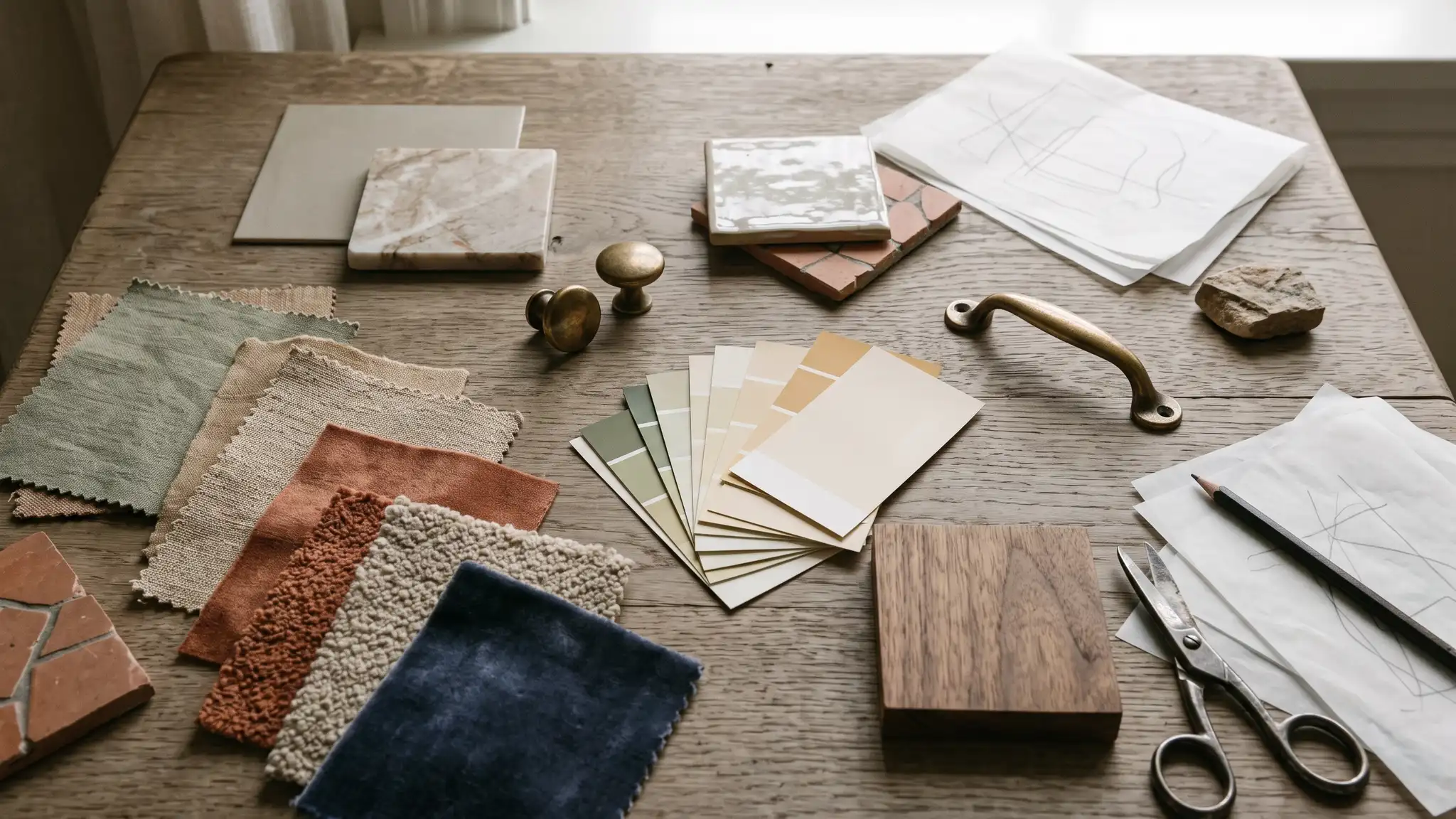 Concepts and selections | Music City Designer A designer table with fabric swatches, paint chips, tile samples, a small wood sample and a brass fixture arranged in a flat lay