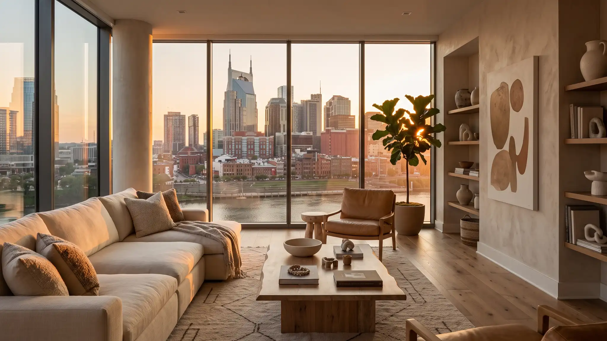 A golden hour view of the Nashville skyline seen through a large window of a beautifully designed living room