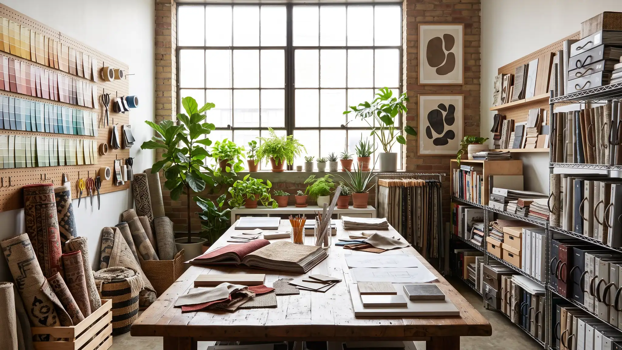 The design studio | Music City Designer A bright interior design studio with a large work table, fabric sample books, rolled rugs, a pegboard of paint swatches and a window with plants