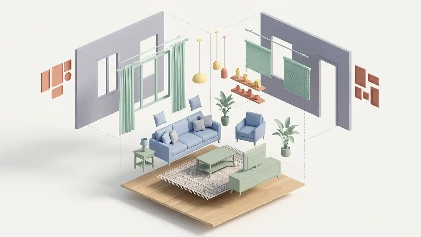 A clean illustrated isometric exploded diagram of a living room showing the floor, rug, walls, window treatment, lighting, sofa and accessories floating apart in soft pastel colors