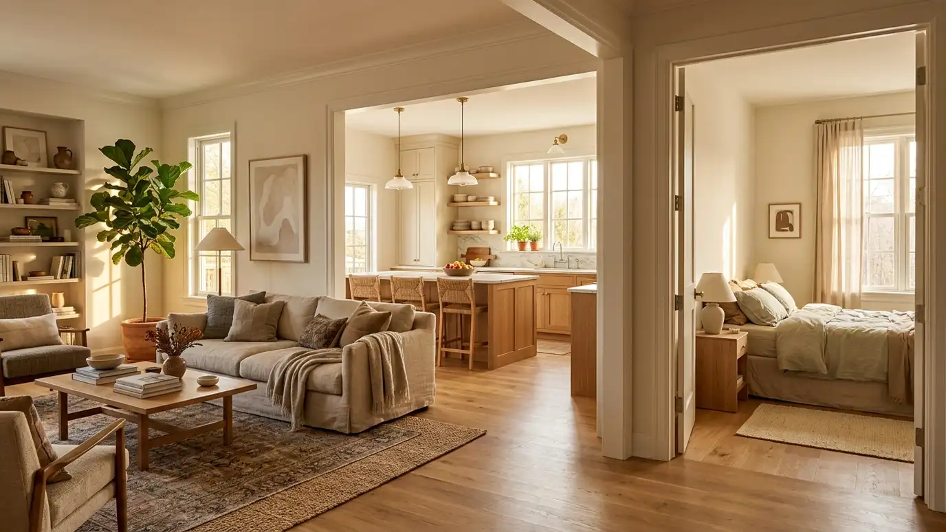 A row of three finished rooms seen in a wide view: a layered living room, a bright kitchen and a calm bedroom
