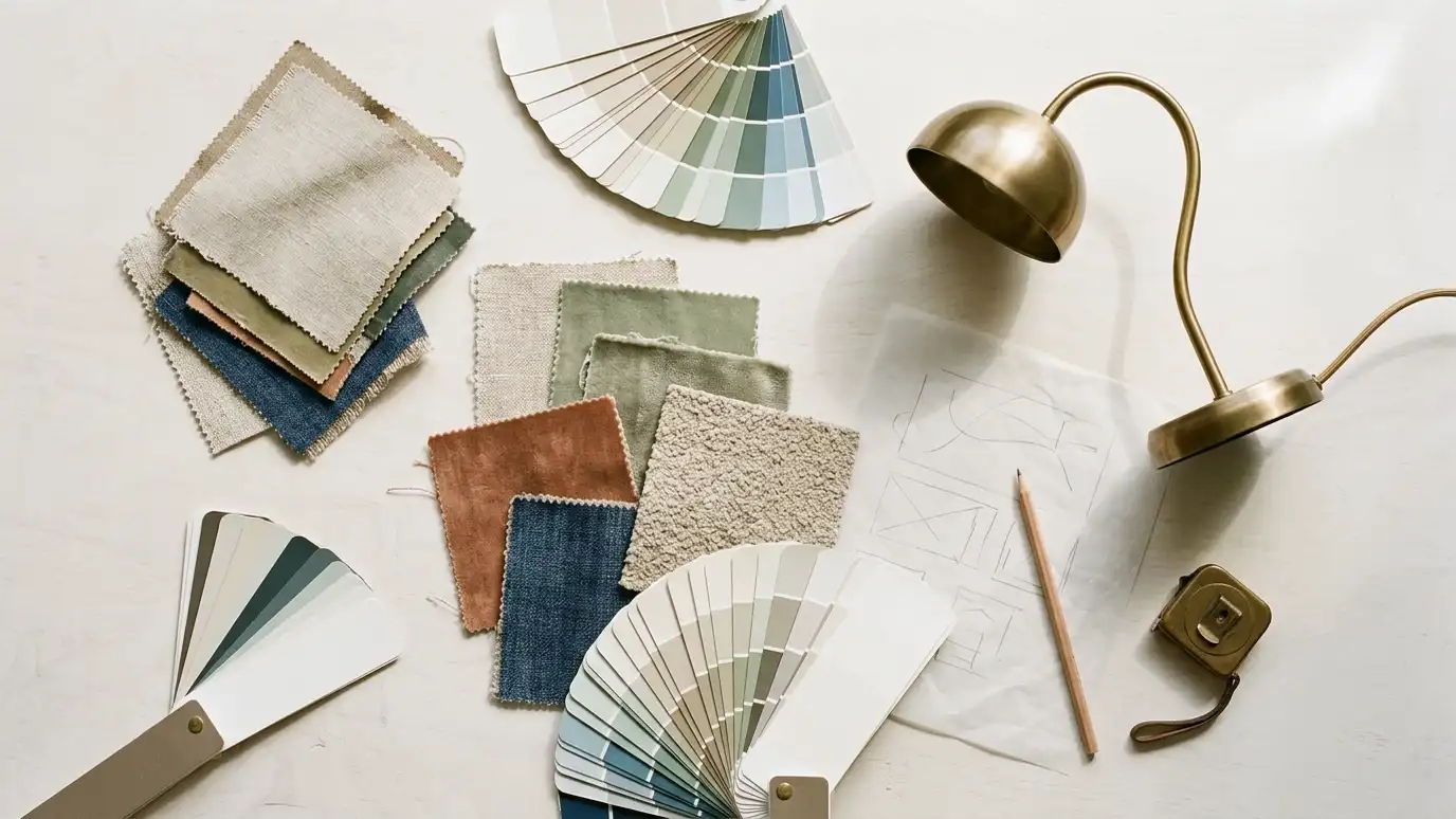 A neat flat lay of interior design tools on a light surface: fabric swatches, paint fan decks, a tape measure, a small brass lamp, a pencil and tracing paper