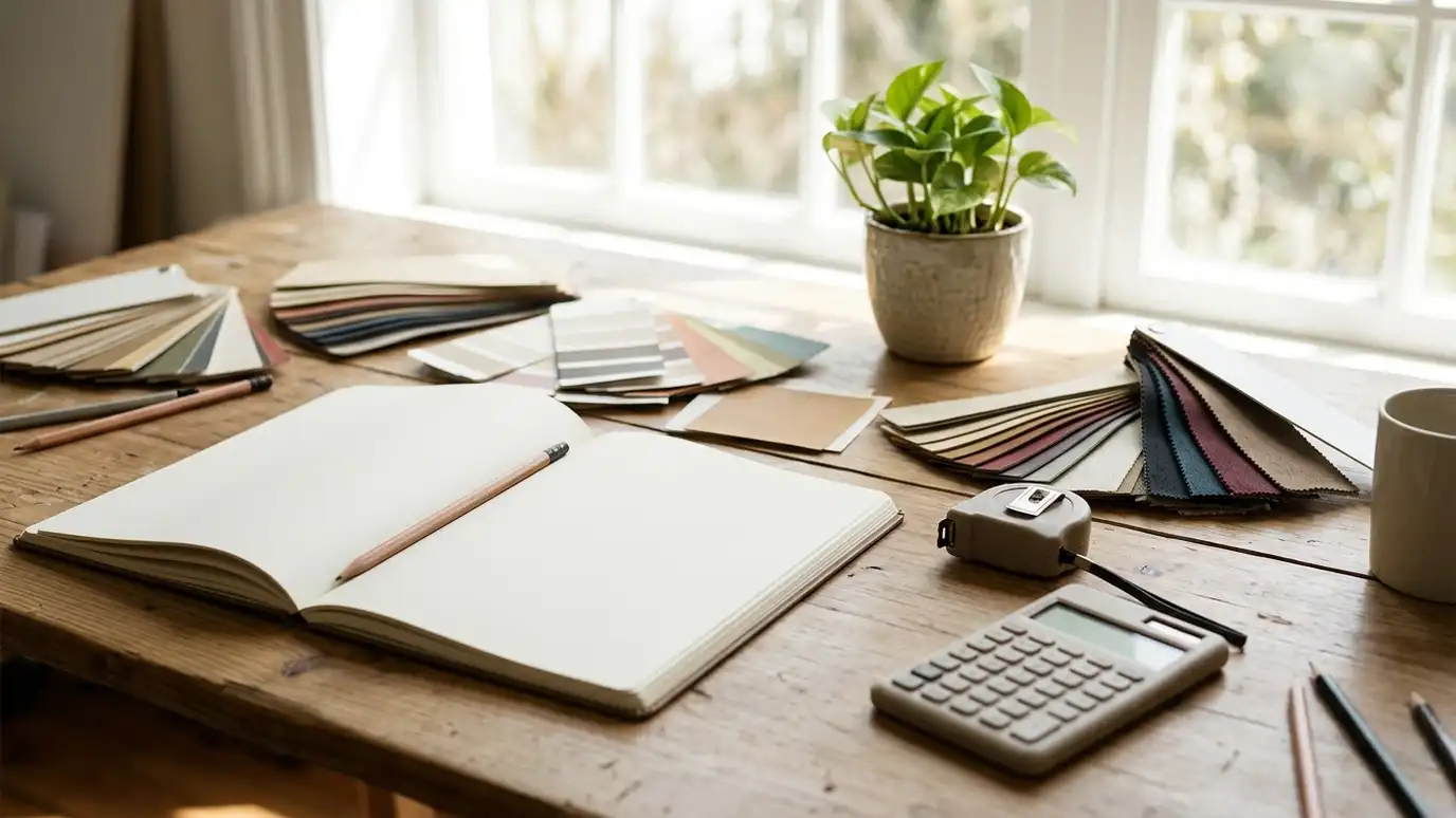 A designer desk with an open blank notebook, a calculator, a tape measure, color swatches and a small plant with a bright window behind