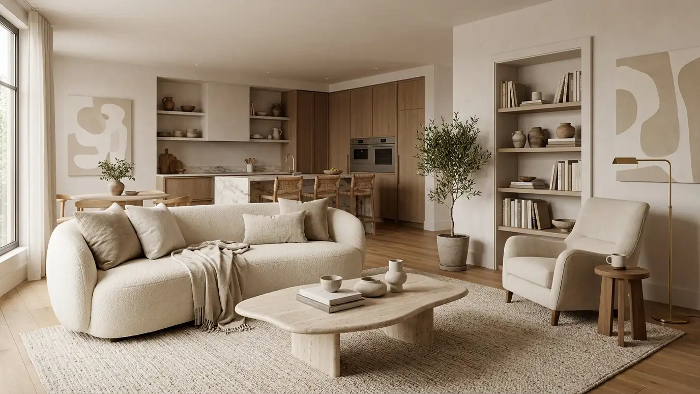 Interior design resource guides | Music City Designer One single cohesive styled room, a cozy designer living room with an open view into a kitchen and a calm reading corner