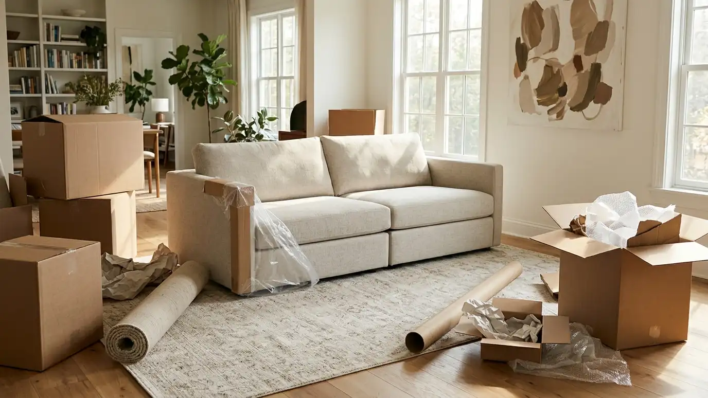 Our interior design process | Music City Designer A new sofa being placed in a bright living room with a rug rolled out and boxes nearby