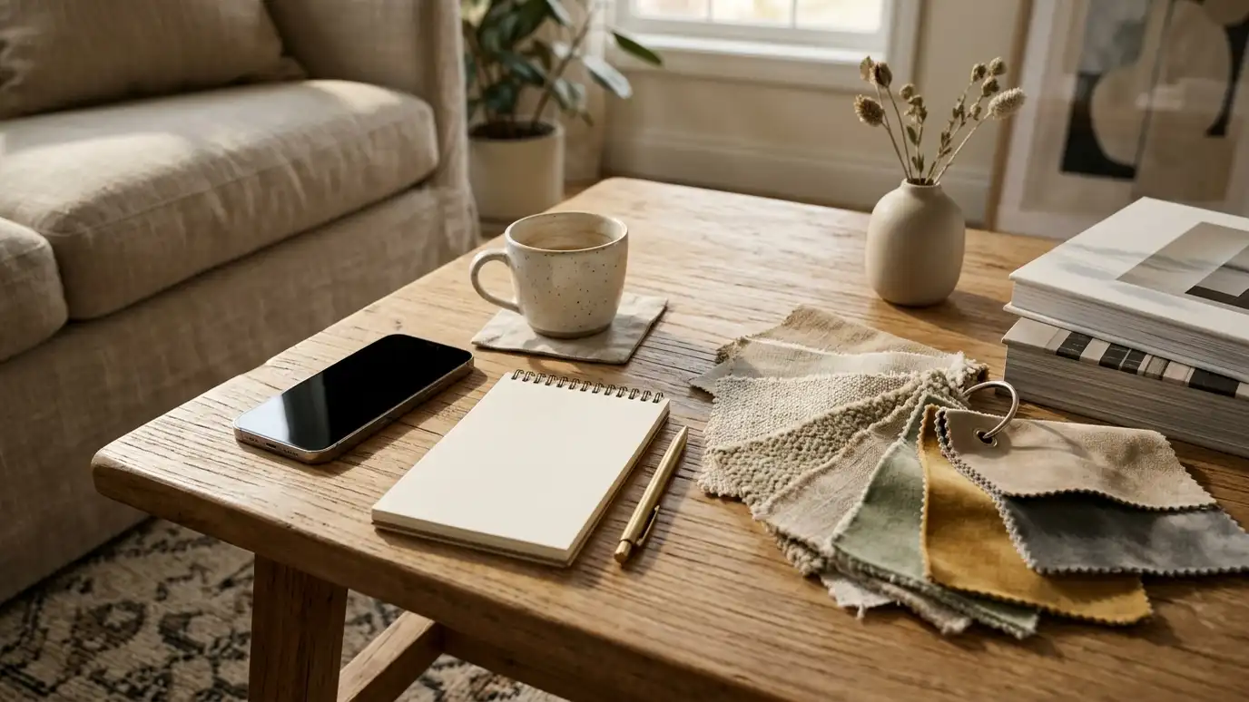 A phone with a blank screen, a coffee cup, a notepad and fabric swatches on a living room table