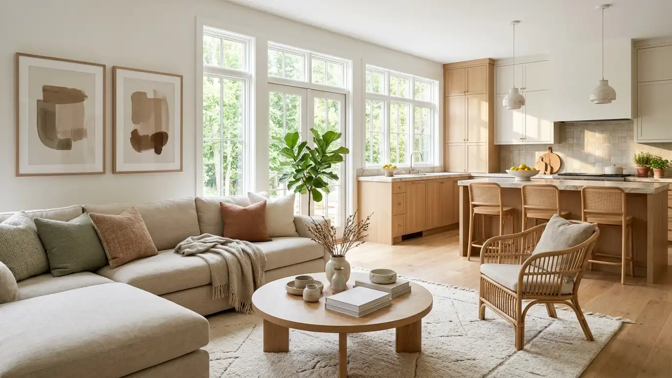 A finished, beautifully styled bright living room and kitchen in soft morning light