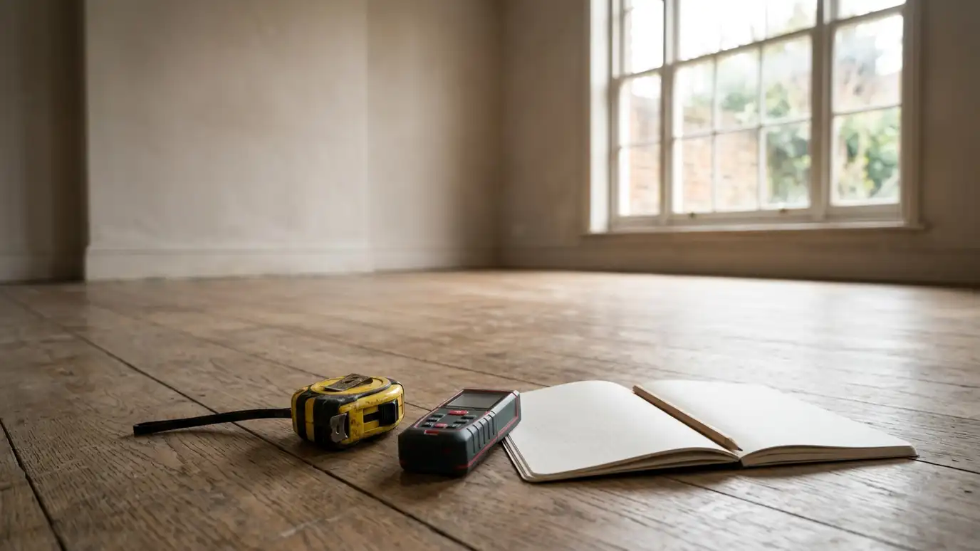 A tape measure and a laser distance measurer lying on the floor of an empty room near a window