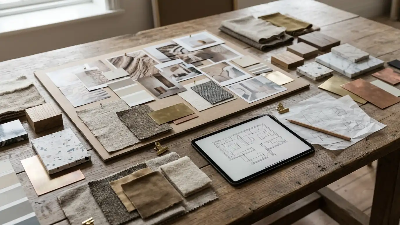 A table covered with a mood board, material samples, a tablet showing an abstract room layout and a pencil