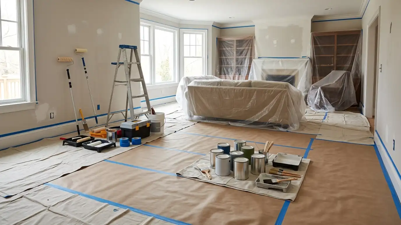 A room prepared for work with floor protection laid down, paint cans, wrapped furniture and tools staged near a wall