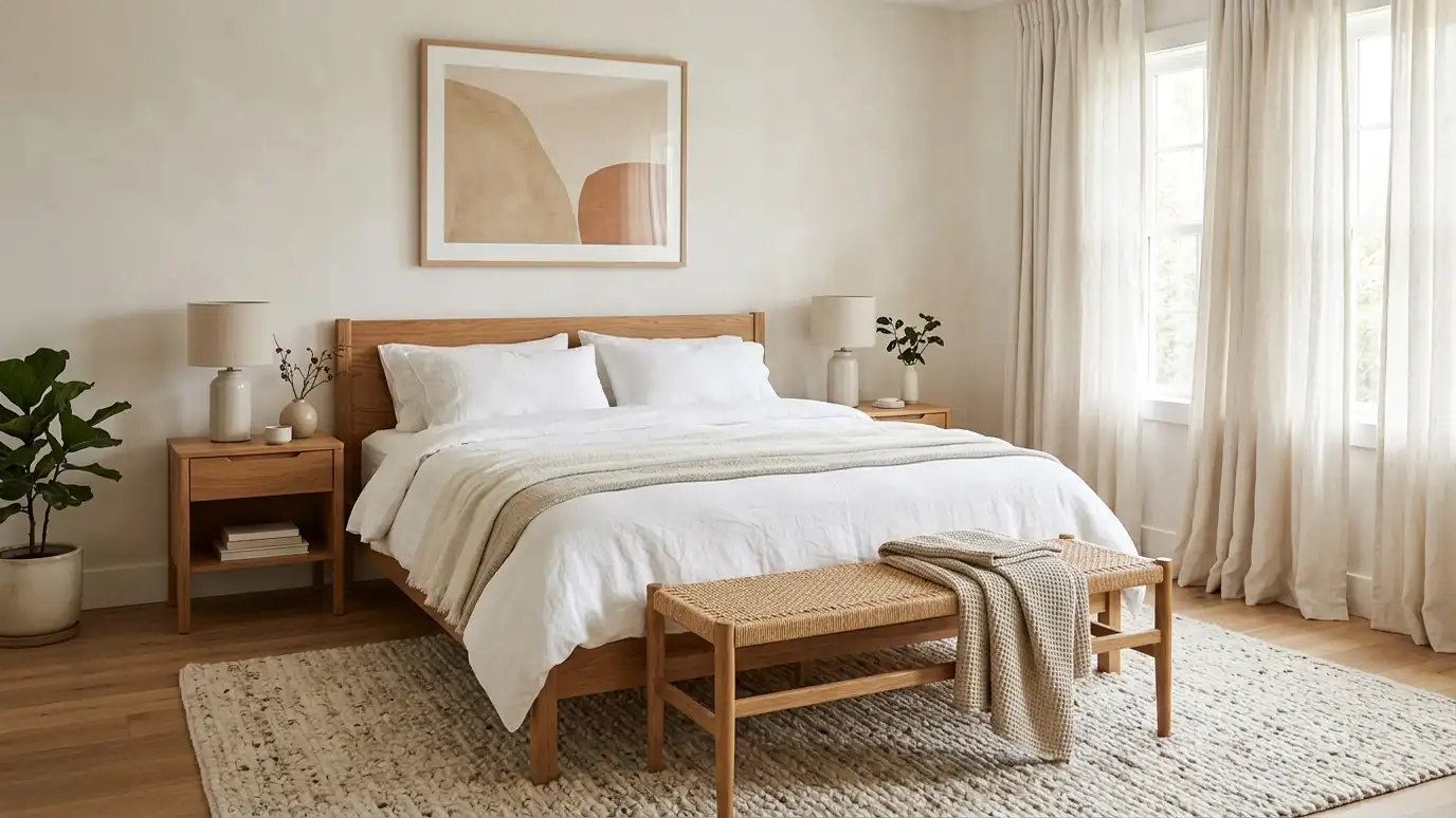 A restful guest bedroom with a wood bed frame, white bedding, a woven bench, bedside lamps and soft curtains