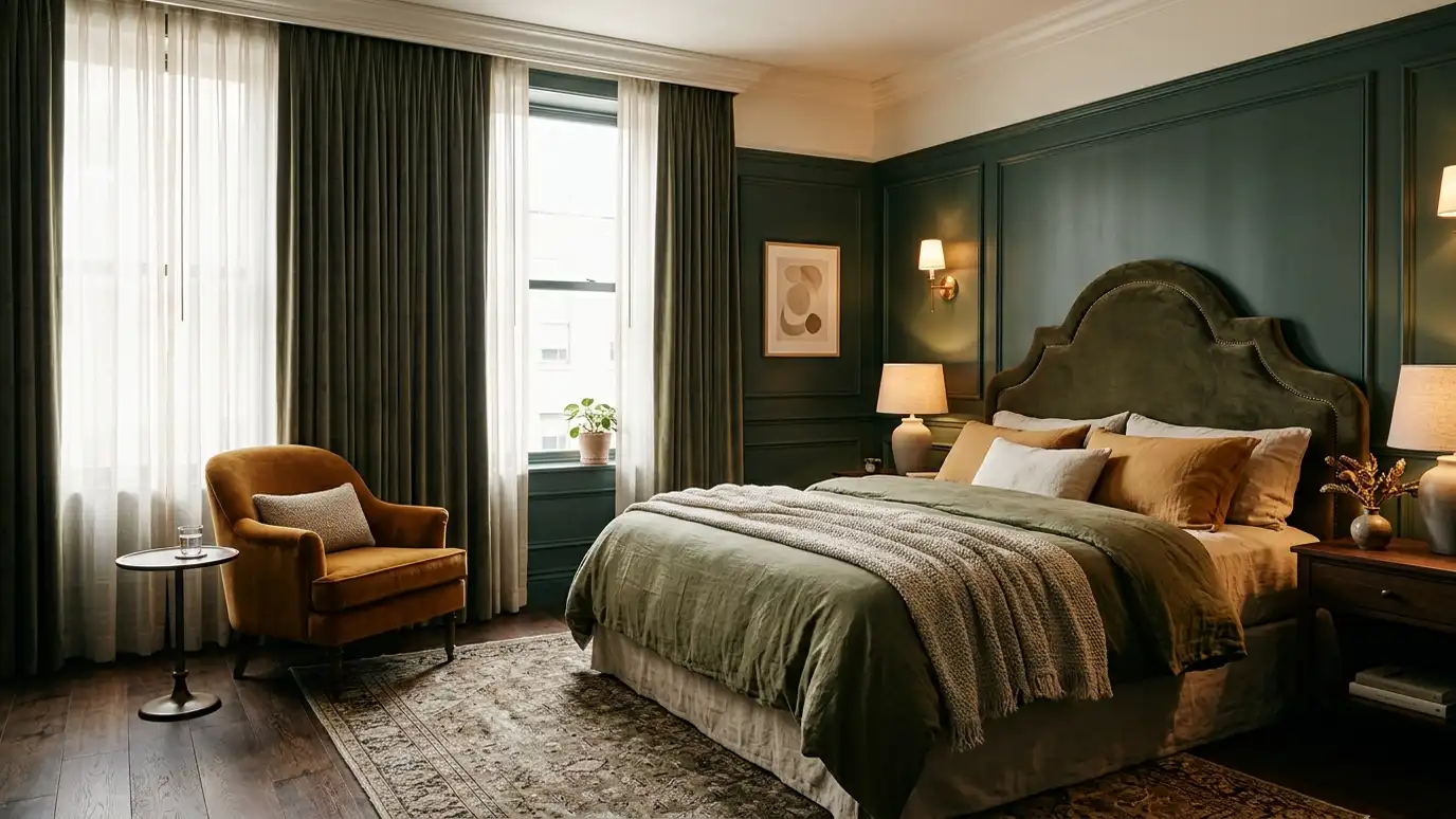 A boutique hotel room with a layered bed, a velvet chair, a statement headboard wall and warm lamps