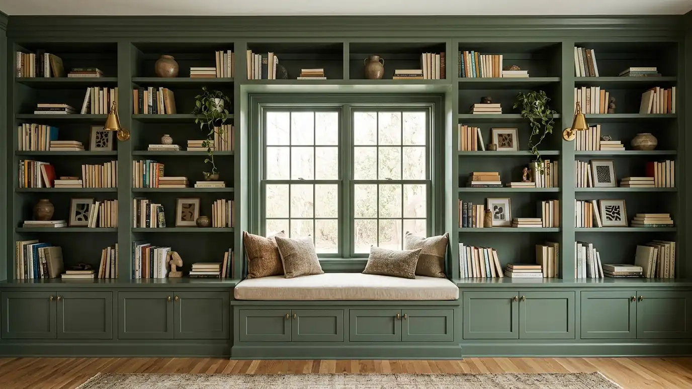 A wall of custom painted built-in bookshelves with a window seat and cabinet doors