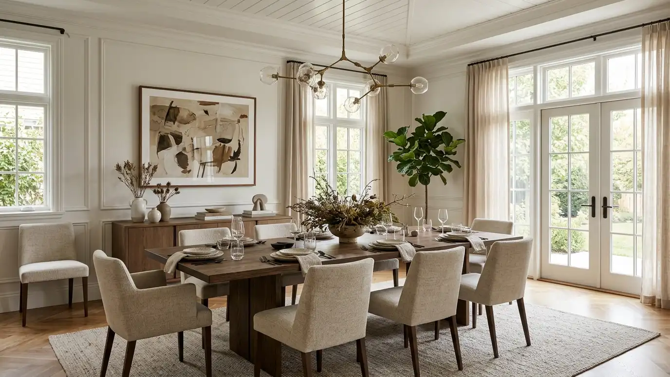 An elegant dining room with a long wood table, upholstered chairs, a modern chandelier and a sideboard
